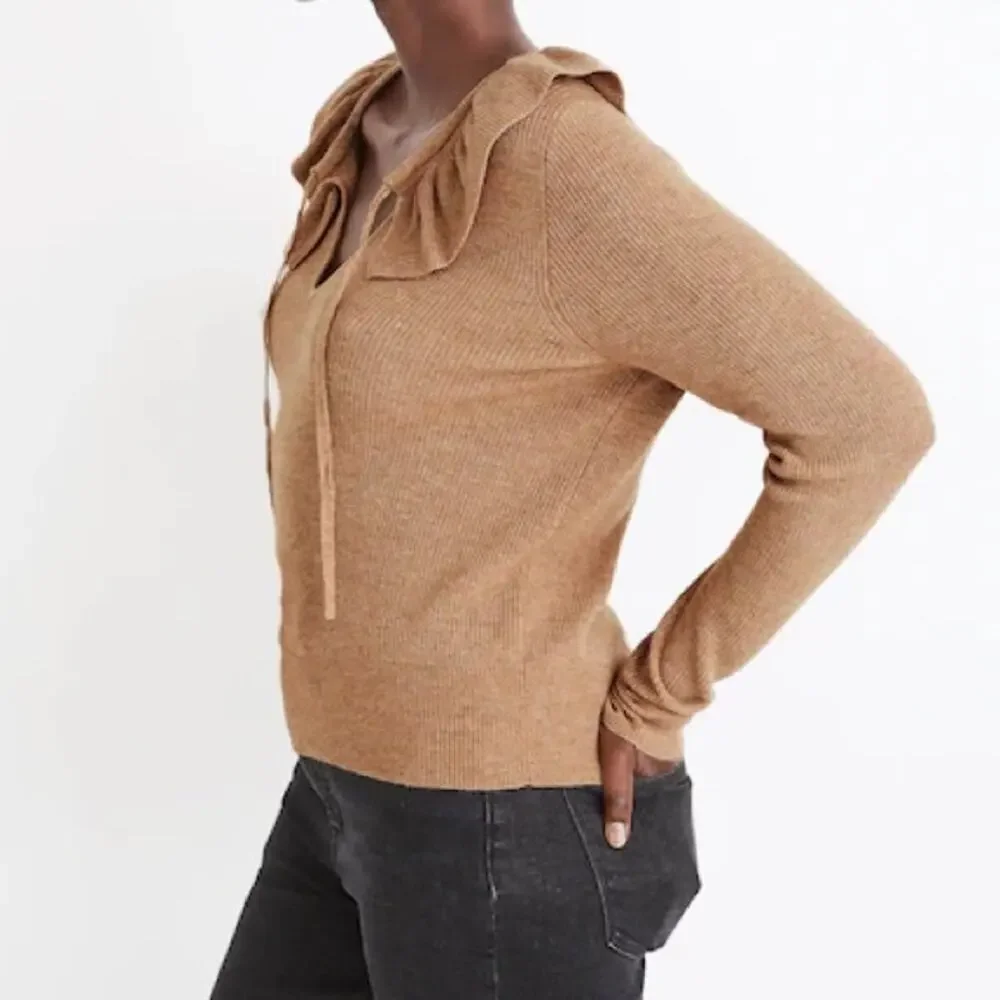 Madewell Ruffle Collar Sweater Tan Wool Alpaca Blend Long Sleeve Size M